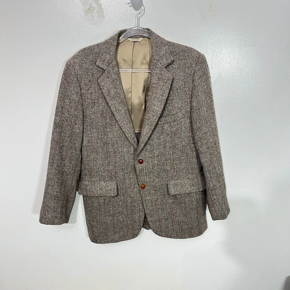 Harris Tweed Blazer Mens 40S Grey Brown Herringbone Wool Sport Coat Lazarus